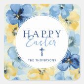 Happy Easter Spring Bloemenkruis Religieus Blauw Vierkante Sticker (Voorkant)
