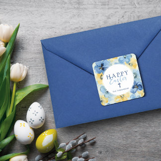 Happy Easter Spring Bloemenkruis Religieus Blauw Vierkante Sticker