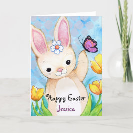 Happy Easter Spring Bunny Butterfly en Tulpen Feestdagen Kaart