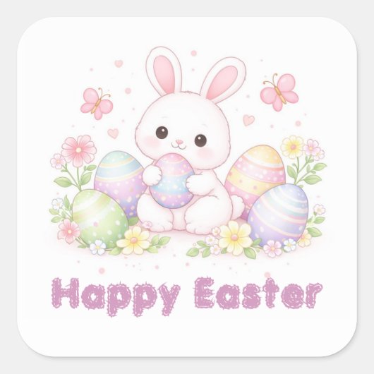 Happy Easter Spring Design - Cute Easter Bunny Vierkante Sticker (Voorkant)