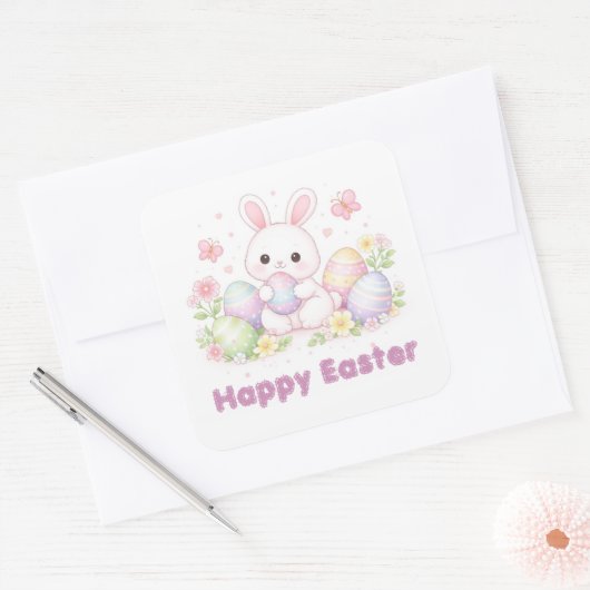 Happy Easter Spring Design - Cute Easter Bunny Vierkante Sticker (Envelop)