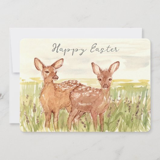 Happy Easter Spring Fawns Deer Wildflower Field Feestdagenkaart (Voorkant)