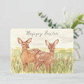 Happy Easter Spring Fawns Deer Wildflower Field Feestdagenkaart (Staand voorkant)