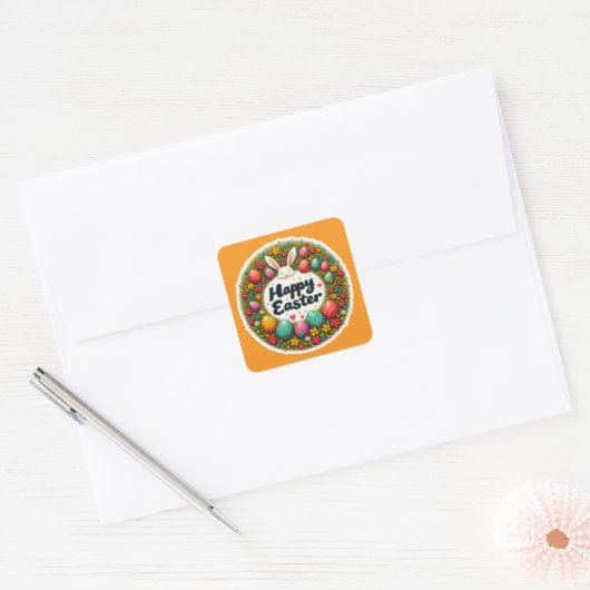 Happy Easter – Spring Floral Circle Autocolante Vierkante Sticker (Envelop)