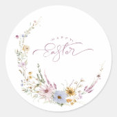Happy Easter Spring Flower Wreate Ronde Sticker (Voorkant)