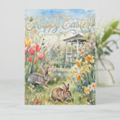 Happy Easter Spring Flowers & Bunnies Easter Card (Staand voorkant)