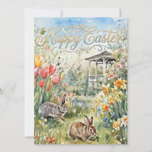 Happy Easter Spring Flowers & Bunnies Easter Card (Voorkant)