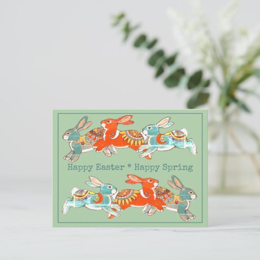 Happy Easter Spring Konijn Roze Munt Tribal Uniek Feestdagenkaart (Staand voorkant)
