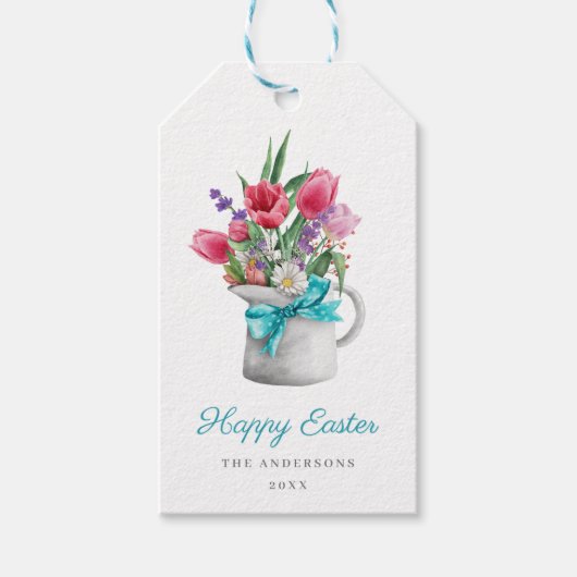 Happy Easter Spring Tulip Blue Ribbon Cadeaulabel (Voorkant)