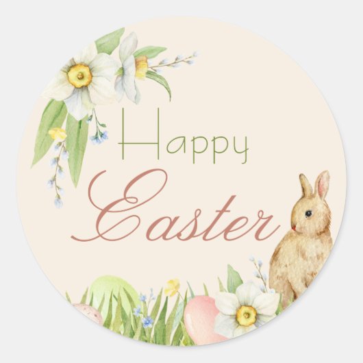 Happy Easter Sweet Bunny Waterverf Bloemen Ronde Sticker (Voorkant)