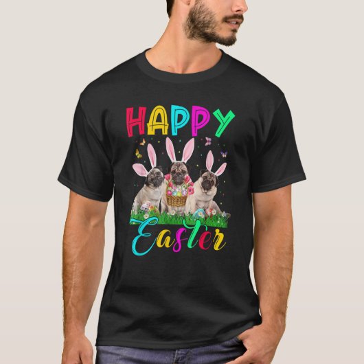 Happy Easter Three Pug Wearing Bunny Ear Pug T-shirt (Voorkant)