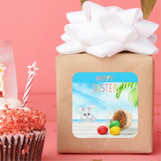 Happy Easter Tropical Ocean Beach Coastal Holiday Vierkante Sticker (Feest)
