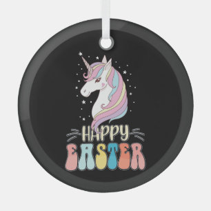 Happy Easter Unicorn Bunny Rabbit Eggs Glas Ornament
