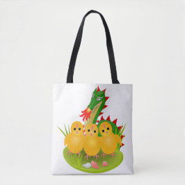 Happy Easter van drie kuikens en Dragon of Mons Tote Bag