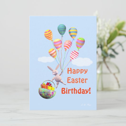 Happy Easter Verjaardag Bunny en Ballonnen Flat Feestdagenkaart (Staand voorkant)