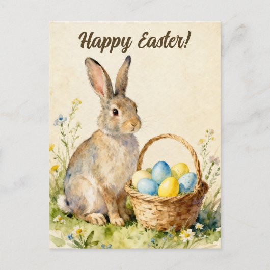 Happy Easter Vintage Bunny with Egg Basket Briefkaart (Voorkant)