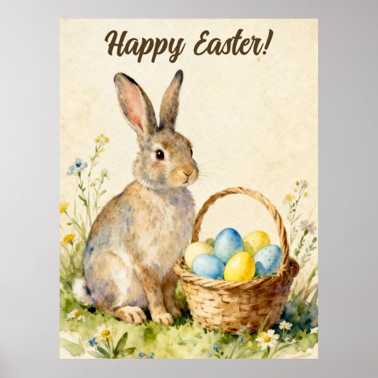 Happy Easter Vintage Bunny with Egg Basket Poster (Voorkant)