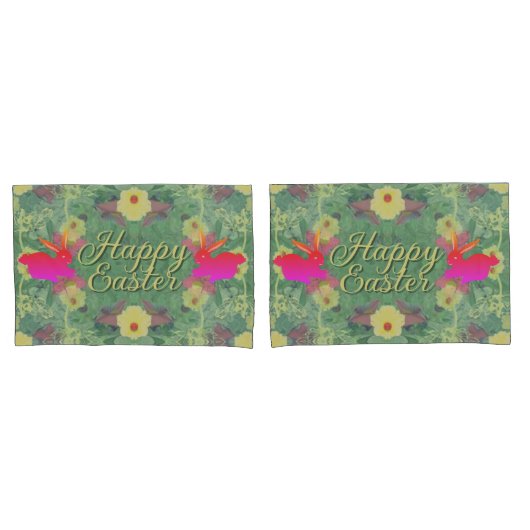 Happy Easter w/Bunnies Floral Green Kussensloop (Voorkant-Set)