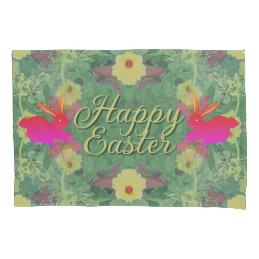 Happy Easter w/Bunnies Floral Green Kussensloop (Voorkant-Links)