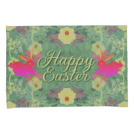 Happy Easter w/Bunnies Floral Green Kussensloop (Voorkant-Rechts)