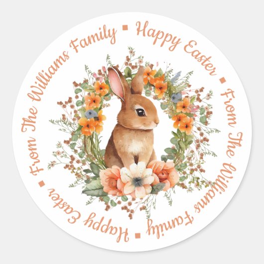 Happy Easter waterverf bloemenkonijn sinaasappel s Ronde Sticker (Voorkant)