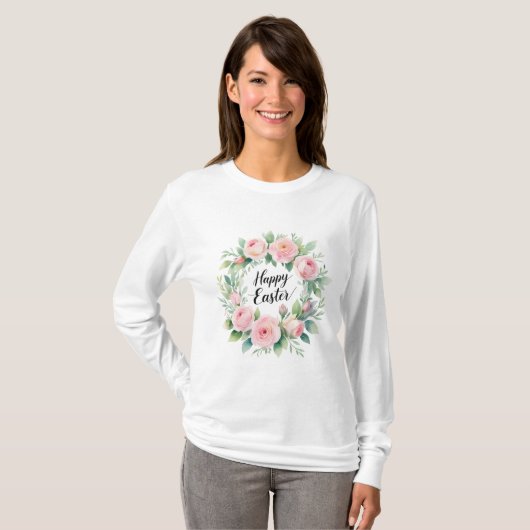 Happy Easter – Waterverf Bloemenkrans Groet T-shirt (Voorkant volledig)