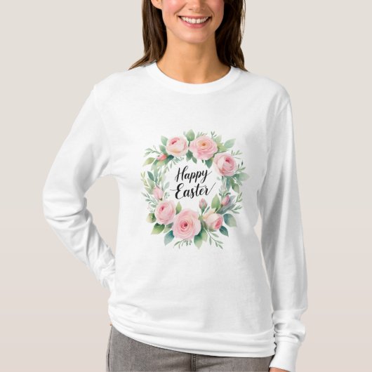Happy Easter – Waterverf Bloemenkrans Groet T-shirt (Voorkant)