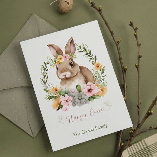 Happy Easter Waterverf Bunny en Flowers Easter Feestdagenkaart