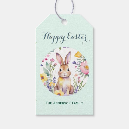 Happy Easter Waterverf Bunny Mint Green Cadeaulabel (Voorkant)