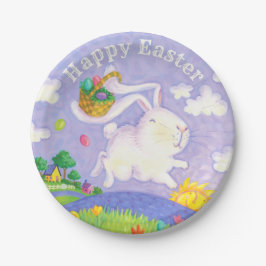 Happy Easter Waterverf Bunny Rabbit Eggs Basket Papieren Bordje
