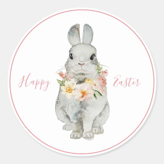 Happy Easter Waterverf Bunny Rabbit Floral Modern Ronde Sticker (Voorkant)