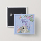Happy Easter Waterverf Bunny Rabbit & Flowers Vierkante Button 5,1 Cm (Voorkant /achterkant)