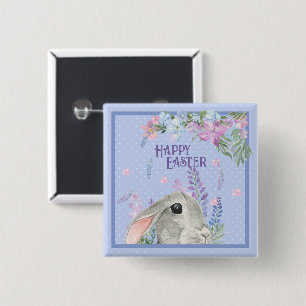 Happy Easter Waterverf Bunny Rabbit & Flowers Vierkante Button 5,1 Cm
