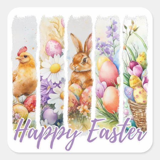 Happy Easter Waterverf Design Vierkante Sticker (Voorkant)