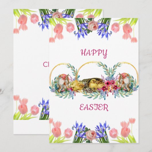 Happy Easter Waterverf Egg Chick Lila Roos Tulip Feestdagenkaart (Voorkant / Achterkant)