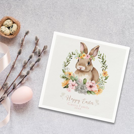 Happy Easter Waterverf Flowers Bunny Paper Napkin Servet