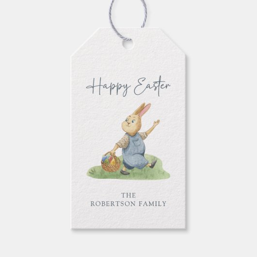 Happy Easter, Waterverf Konijn, Wit BG Cadeaulabel (Voorkant)