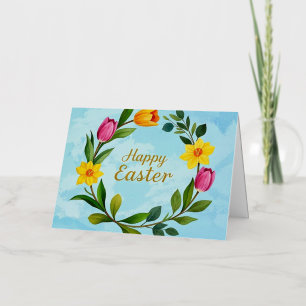 Happy Easter Waterverf krans van tulpen Folie Wenskaart