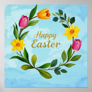 Happy Easter Waterverf krans van tulpen Poster