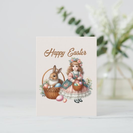 Happy Easter waterverf meisje voeg bericht toe Vak Feestdagenkaart (Staand voorkant)