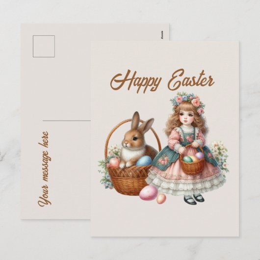 Happy Easter waterverf meisje voeg bericht toe Vak Feestdagenkaart (Voorkant / Achterkant)