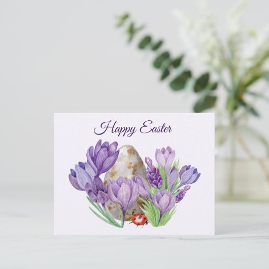 Happy Easter Waterverf Paarse Crocus Flowers Briefkaart (Staand voorkant)