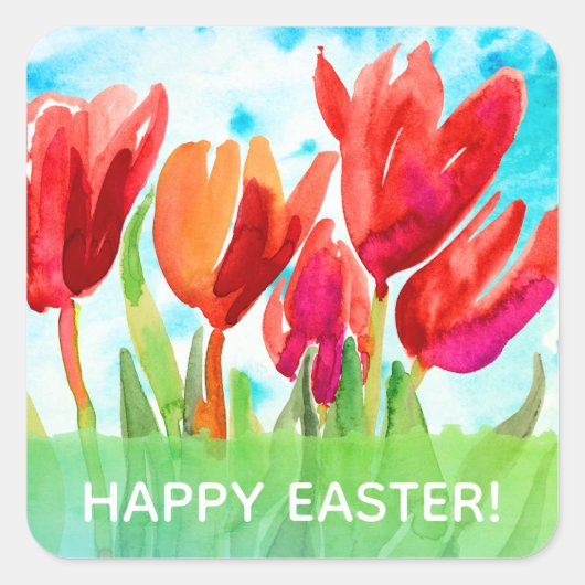 Happy Easter Waterverf Red Tulips Square Stickers (Voorkant)