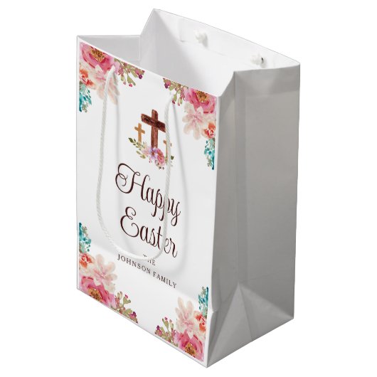 Happy Easter Waterverf Religious Cross Medium Cadeauzakje (Voorkant Gekanteld)