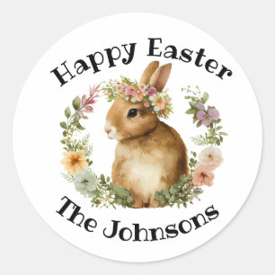 Happy Easter Waterverf Retro Paashaas Bloemen Ronde Sticker