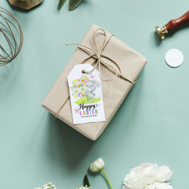 Happy Easter Waterverf Schattige Konijn Lente Bloe Cadeaulabel
