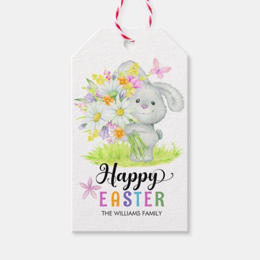 Happy Easter Waterverf Schattige Konijn Lente Bloe Cadeaulabel (Voorkant)