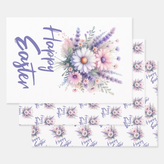 Happy Easter waterverf Spring Flower Bouquet Inpakpapier Vel (Set)