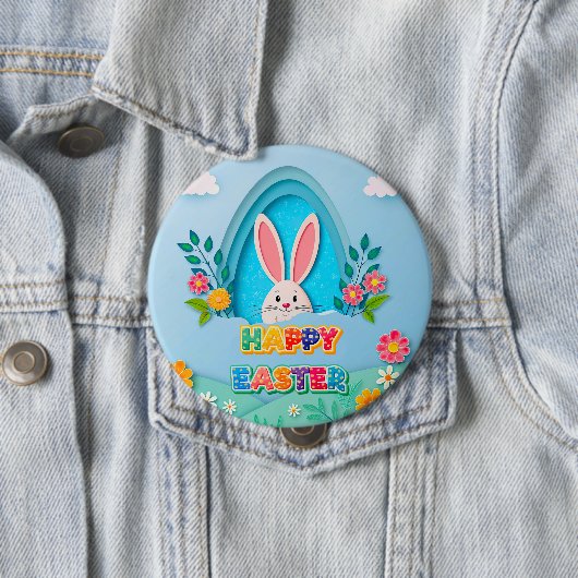Happy Easter | Whimsical Easter Bunny and Floral Ronde Button 4,0 Cm (In situ)