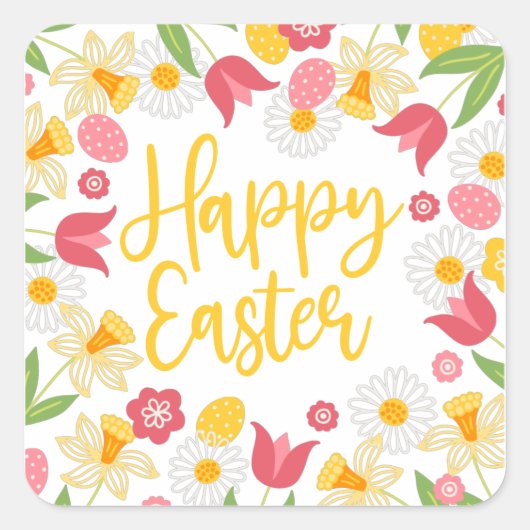 Happy Easter Whimsical Red Yellow Floral Vierkante Sticker (Voorkant)